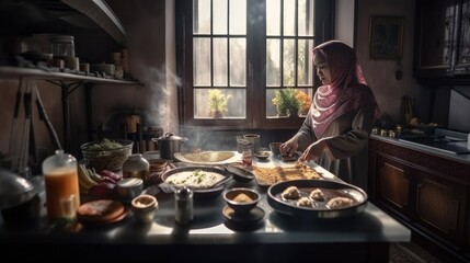 Obraz na płótnie Canvas beautiful smiling woman wearing a hijab preparing traditional meal for ramadan, for iftar, for breaking fast,Generative AI