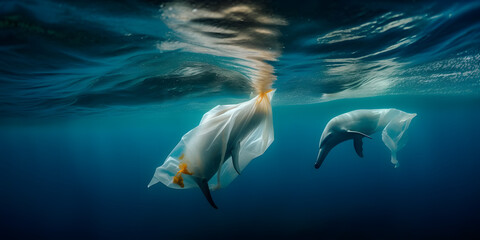 Fototapeta premium Dolphin with plastic rubbish, fish, bubbles and coral reefs. Save the ocean.