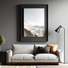 This 3D illustration showcases a contemporary living room with a mock-up poster frame hanging on the wall. The background is set against a modern interior space, (ai generated)