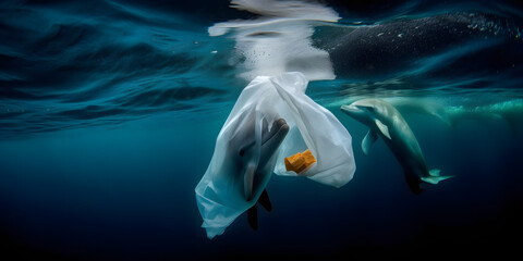 Dolphin with plastic rubbish, fish, bubbles and coral reefs. Save the ocean.