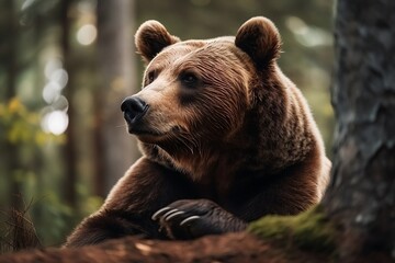 Fototapeta premium Close up of a Brown Bear in the Spring Wilderness Forest Background