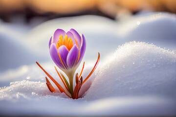Fototapeta na wymiar Crocus flower in the snow. Generative AI, Generative, AI