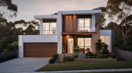 A contemporary Australian home or residential building front yard. Generative AI - obrazy, fototapety, plakaty