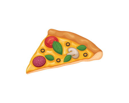 Pizza. A slice of pizza in cartoon style. Pizza with salami, tomatoes, mushrooms and olives. Fast food. Vector illustration isolated on a white background
