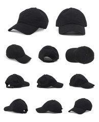 Black baseball cap, Mock up set, on White background, angles views, different angles views, Canvas, Real
