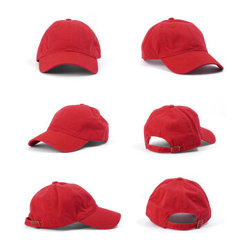 Red baseball cap, Mock up set, on White background, angles views, different angles views, Canvas, Real
