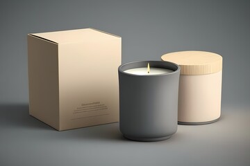 Empty blank grey matte candle with box and wooden lid, mock up template isolated on background.Minimalistic box packaging and candle