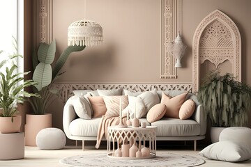 Home interior in boho style, living room in pastel beige colors, 3d render