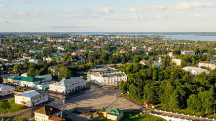 Fototapeta na wymiar Uglich, Russia - August 16, 2020: Uglich city from the air, Uglich Kremlin, the main attraction of the city. Early morning, Aerial View