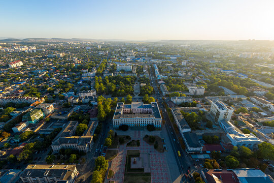 Simferopol, Crimea - August 31, 2020: Lenin Square. Council Of Ministers Of The Republic Of Crimea. From The Air During Sunset. Summer