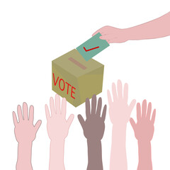 Vote vector illustration by raising hands and voting card