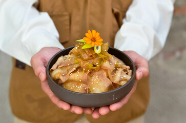 Grilled Pork Belly Sliced ​​Rice with Fragrant Sauce Topped with Stir Fried Onions.