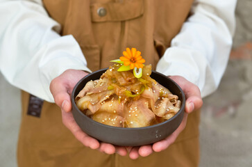 Grilled Pork Belly Sliced ​​Rice with Fragrant Sauce Topped with Stir Fried Onions.