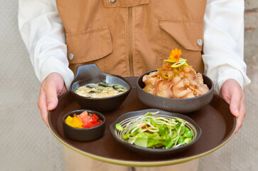Grilled Pork Belly Sliced ​​Rice with Fragrant Sauce Topped with Stir Fried Onions.