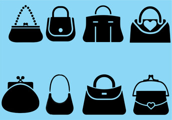 Set of Elegant female bags, shoulder bags. Stylish beautiful purse icons. Editable  vector, easy to change color or size. eps 10.