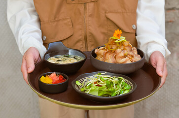Grilled Pork Belly Sliced ​​Rice with Fragrant Sauce Topped with Stir Fried Onions.
