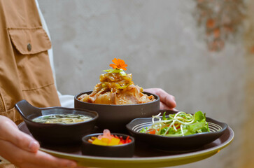 Grilled Pork Belly Sliced ​​Rice with Fragrant Sauce Topped with Stir Fried Onions.