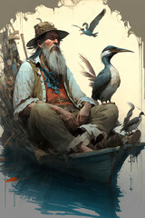 Fototapeta na wymiar fisherman sits in a small boat and a bird friend next to him Generative AI