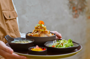 Grilled Pork Belly Sliced ​​Rice with Fragrant Sauce Topped with Stir Fried Onions.