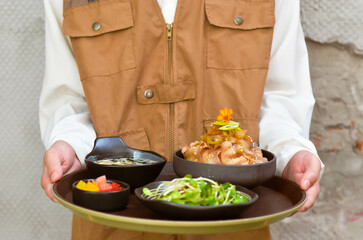 Grilled Pork Belly Sliced ​​Rice with Fragrant Sauce Topped with Stir Fried Onions.