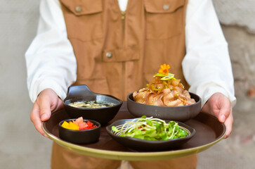 Grilled Pork Belly Sliced ​​Rice with Fragrant Sauce Topped with Stir Fried Onions.