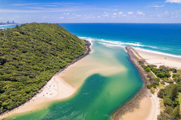 Aerial view of Tallebudgera Creek green and blue in the Gold Coast, Australia