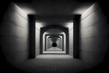 Dark Concrete Led White Lights Underground Tunnel Corridor Cement Asphalt Hallway Warehouse Tunnel Corridor Metal Structure Realistic Empty 3D Rendering