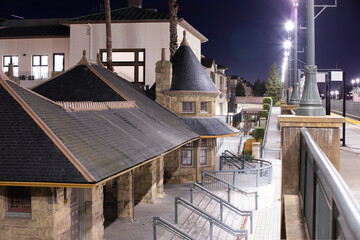 Night time view of historic buildings in downtown San Carlos, California, USA.