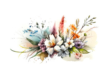 Watercolor painting of a spring flower bouquet on white background, AI-generated image	