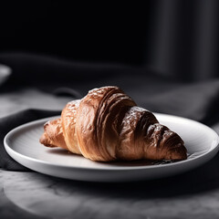 A side view of a golden, flaky croissant elegantly served on a plate, ready to be enjoyed with a morning coffee, generative ai.