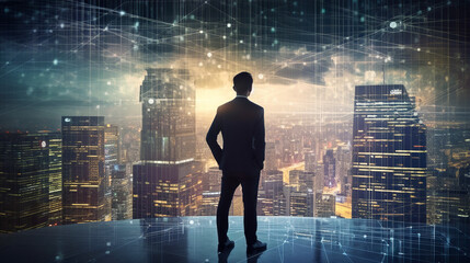 Obraz premium A successful businessman stands with unwavering confidence against a backdrop of towering skyscrapers, his stature a silent testament to his remarkable achievements, generative ai.