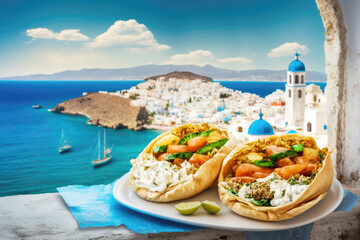 Delicious two gyros on background of a white greek city in Santorini. AI generative - obrazy, fototapety, plakaty