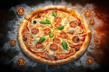 Delicious and hot Pizza margarita top view. AI generative