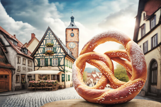 Delicious german pretzel salty snack bread and old european village or town architecture. AI generative