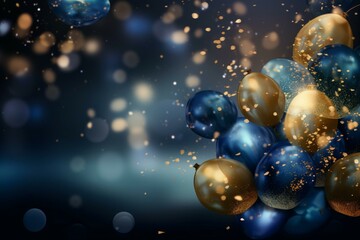Fototapeta na wymiar Realistic Festive background with golden and blue balloons falling confetti blurry background and a bokeh lights. Ai generative. Generative AI