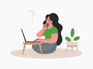 Young woman works,studying or freelancing from home.Vector illustration