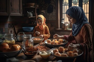 Woman preparing delicious Ramadan Ifrar meal in her kitchen, Muslim Arabic tradition - generative ai