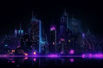 Plakat Neon pixel city night. Futuristic dark night neon cityscape with skyscrapers and night lights. AI. Generative AI