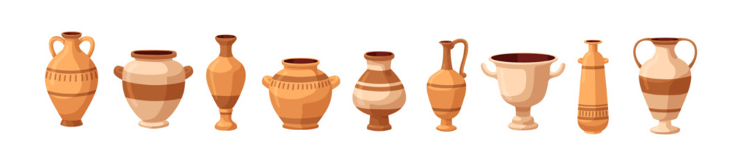 Old pottery set. Ancient Greek vases, antique pots, vintage jugs, clay vessels, urns. Crockery designs, ceramic earthenware. Flat cartoon graphic vector illustrations isolated on white background - obrazy, fototapety, plakaty