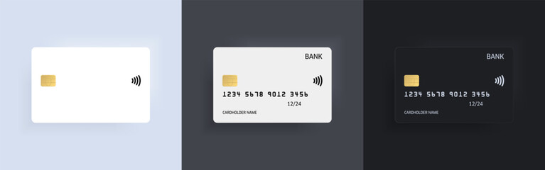 A plastic ATM credit, debit, bank card template with gold chip in vector realistic object on isolated background. Digital technology mockup. Contactless, wireless online payment concept.