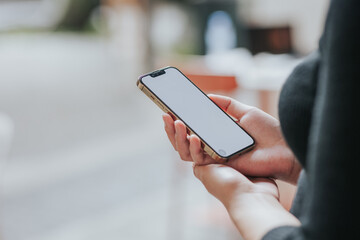 close-up woman using white screen smartphone