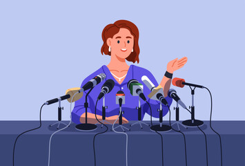 Speaker at press conference table, announcing information, giving comment, making statements in many microphones, mics at desk. Public speaking, speech, communication concept. Flat vector illustration - obrazy, fototapety, plakaty