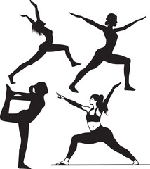 Set Of Yoga Girls. Girls Practicing Yoga Silhouettes  Vector Art