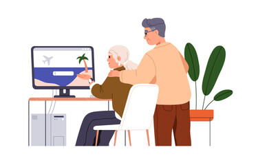 Old tourists couple choosing tour online. Modern senior spouse surfing, browsing internet for holiday travel, trip at computer, using technology. Flat vector illustration isolated on white background