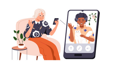 Senior friends during online video call. Old women talking via internet. Virtual videoconference, mobile phone chat of modern elderly people. Flat vector illustration isolated on white background