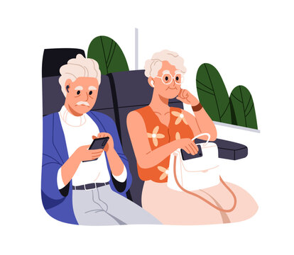 Old Passengers With Mobile Phones During Travel. Senior People, Modern Elderly Man And Woman Sitting On Seats, Using Smartphones In Trip. Flat Graphic Vector Illustration Isolated On White Background