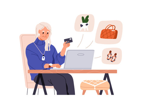 Elderly woman during internet shopping at computer. Senior female buying, ordering, paying for purchase with credit card in online store. Flat graphic vector illustration isolated on white background