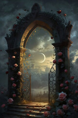 arch with bushes of pink roses with gloomy sky and full moon