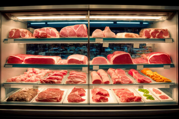Raw meat on a display in supermarket. AI generative