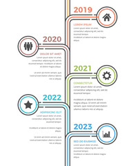 Fototapeta premium Vertical timeline infographics with five elements with icons and text